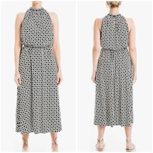 NWT Max Studio Sleeveless Smocked Waist Midi Dress Black White Geometric L